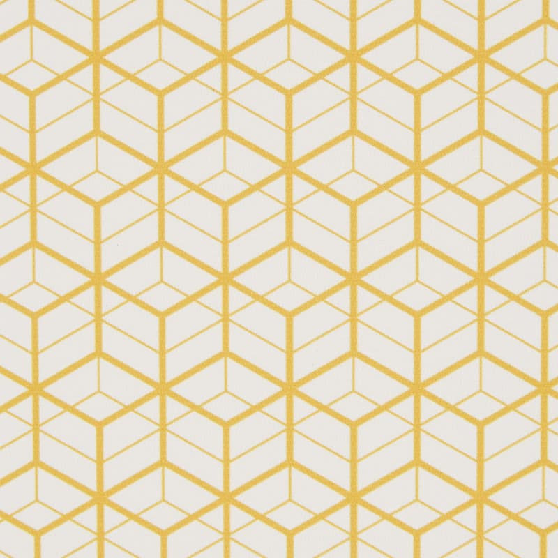 Yellow geometric linework forming repeating three-dimensional cube motifs — covering the surface in a regular tessellation — on a white background, resembling wallpaper or fabric under even ambient light.