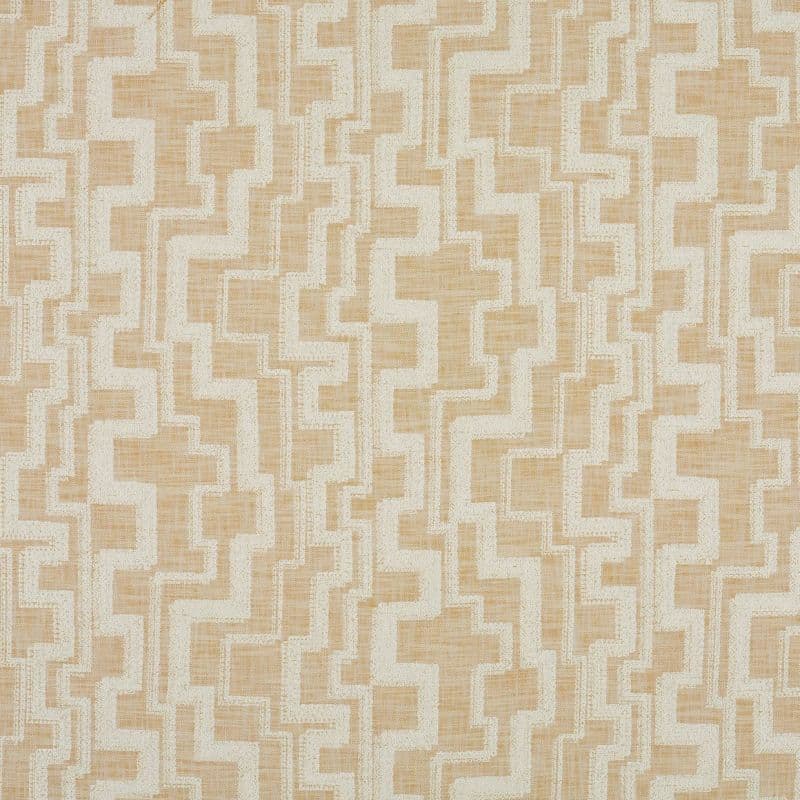 Beige linen-textured wallpaper with cream stepped geometric pattern — repeating across the surface, creating a subtle retro-maze effect in soft, even lighting.