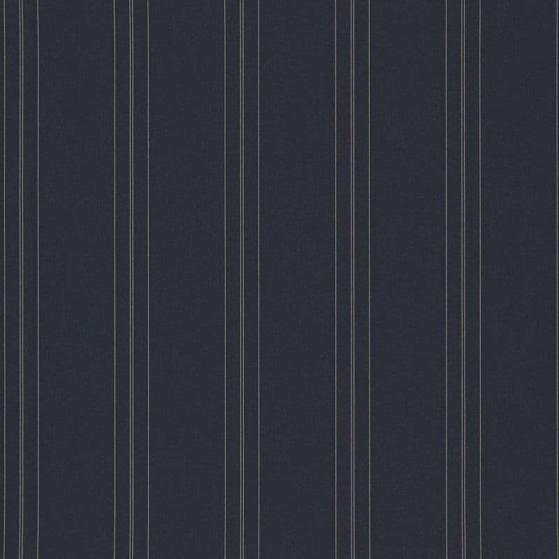 Dark navy wallpaper with evenly spaced thin cream vertical pinstripes; lying flat as a swatch, evenly lit, showing no surrounding room, furniture, or visible view.
