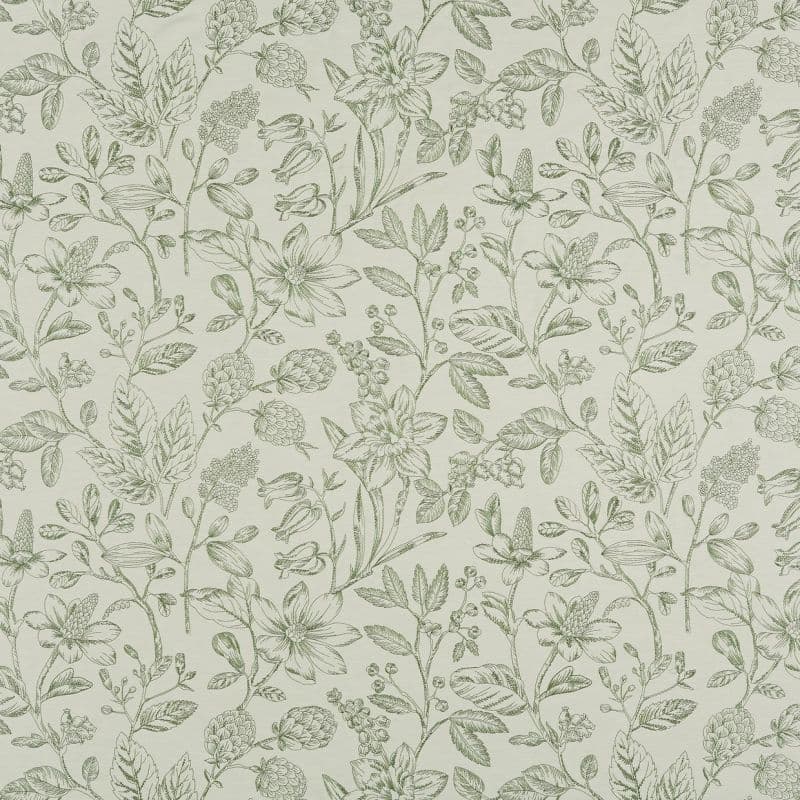 Botanical wallpaper with delicate olive‑green line drawings of flowers and leaves — repeating continuously across the surface — on a soft, neutral pale background in a vintage sketch style.