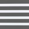 Zebra-style roller blind with alternating dark gray opaque and white translucent horizontal bands; bands aligned across frame, partially filtering light; interior setting with even, diffuse lighting, no visible window.