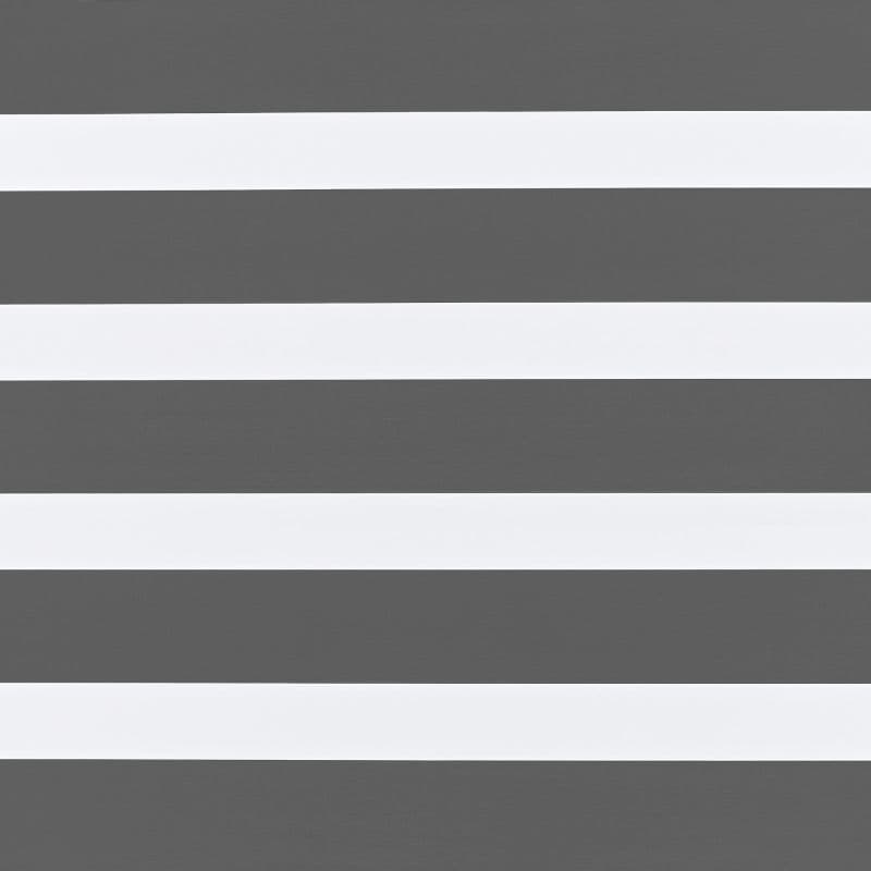 Zebra-style roller blind with alternating dark gray opaque and white translucent horizontal bands; bands aligned across frame, partially filtering light; interior setting with even, diffuse lighting, no visible window.