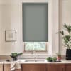 Gray roller blind covers the upper window above a stainless sink in a kitchen, flanked by countertop plants, a vegetable bowl, a framed sketch, and a tall potted plant.