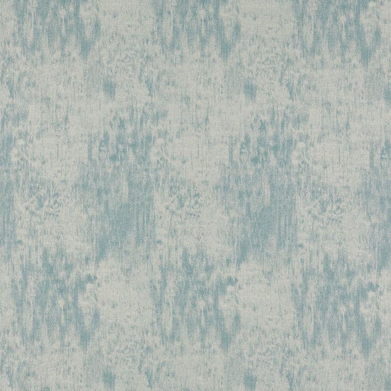 Textured wallpaper covering a wall, featuring irregular teal and off-white mottled vertical streaks; conveying a brushed, weathered look in soft, even lighting with no furnishings visible.