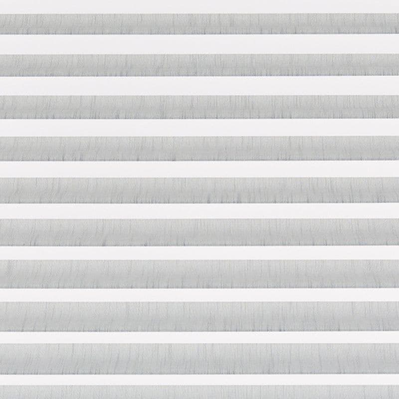 Horizontal dual-layer (zebra) roller blind with alternating sheer white and opaque light-gray fabric bands; aligned to form even stripes, filtering soft daylight across a neutral, well-lit interior.