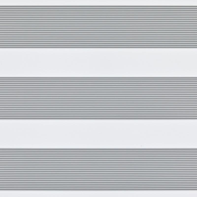 Dual-layer zebra roller blind across a window: alternating opaque white and narrow grey-striped sheer bands, aligned to form horizontal light-and-shade stripes, viewed close-up in a neutral interior setting.