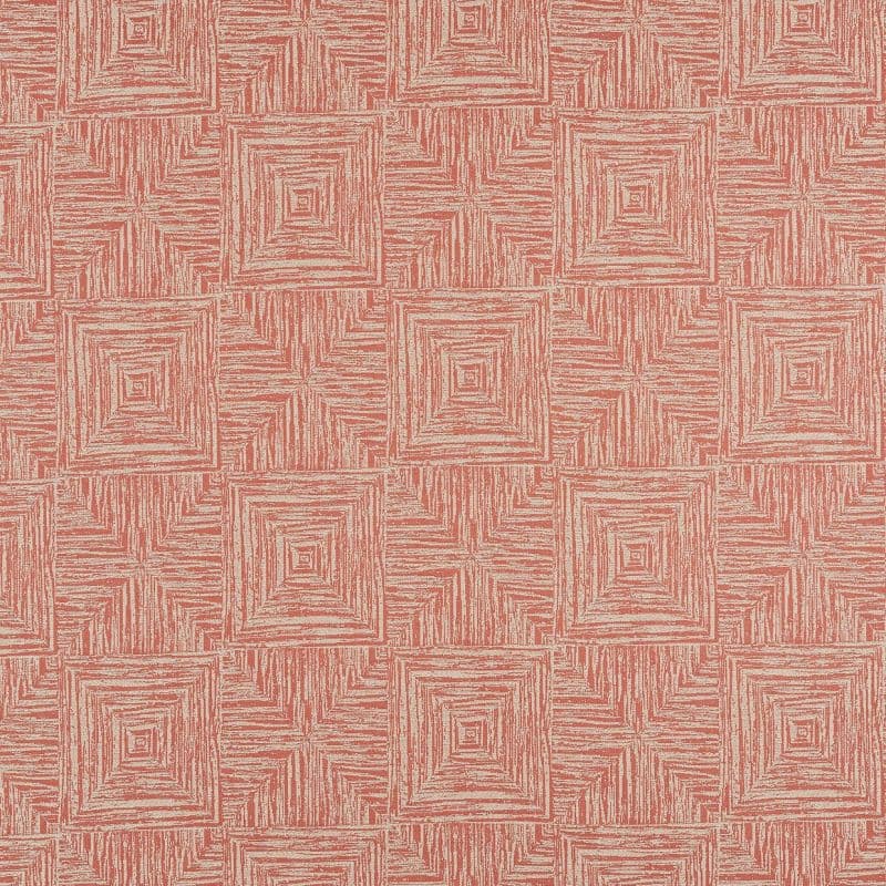 Textured wallpaper with coral-and-beige, hand-drawn concentric square tiles; a repeating, staggered motif covering the surface, shown in a flat, evenly lit close-up.