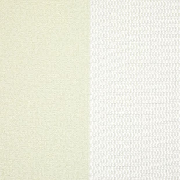 Two curtain panels — left opaque beige woven fabric, right sheer white mesh with rectangular weave — meet at center; the opaque blocks light while the sheer filters soft daylight, close-up.