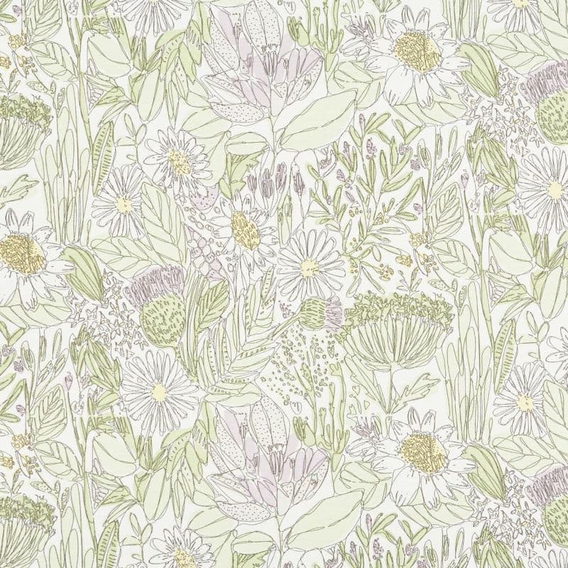 Floral wallpaper with delicate hand-drawn daisies, leaves and seedheads; repeats across the surface, rendered in pale green, soft yellow and muted lavender linework on an off-white background.