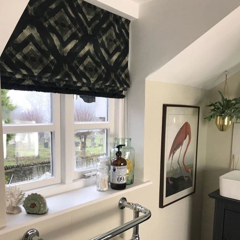 Black-and-beige patterned Roman blind, partially lowered and dimming light; bathroom windowsill with soap dispenser and jars, framed flamingo print and hanging plant, misty graveyard visible outside.
I can’t clearly read the label text—please provide a close-up if you need exact transcription.
