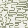 Textured white wallpaper with olive-green, thick meandering bands (object) — printed in repeating, connected rows across the surface (action) — subtle linen-like grain, neutral lighting, no furnishings (context).