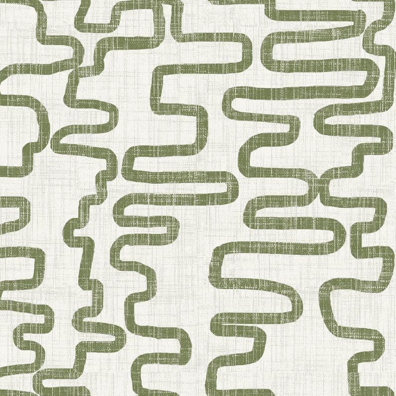 Textured white wallpaper with olive-green, thick meandering bands (object) — printed in repeating, connected rows across the surface (action) — subtle linen-like grain, neutral lighting, no furnishings (context).