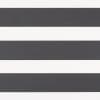 Zebra-style roller blind with wide alternating opaque dark-gray and translucent white horizontal bands, aligned flat and closed, evenly filtering light; close-up, neutral background, no visible window or room.