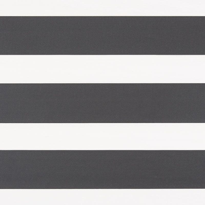 Zebra-style roller blind with wide alternating opaque dark-gray and translucent white horizontal bands, aligned flat and closed, evenly filtering light; close-up, neutral background, no visible window or room.
