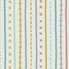 Vertical stitched-style lines run down a textured pale background, alternating dashed, cross, and ladder motifs in mustard, teal, gray, and coral, resembling patterned fabric or wallpaper.