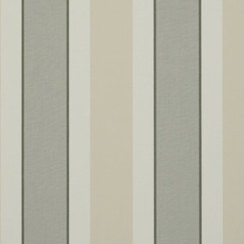 Vertical striped wallpaper, alternating wide beige and gray bands with narrow off-white and thin dark-green lines; repeating pattern shown as a close-up on a flat interior wall under neutral light.
