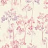 Delicate watercolor branches rise upward, bearing clustered pink and lavender round leaves; soft stems repeat across a cream, textured background, creating a subtle floral wallpaper pattern.