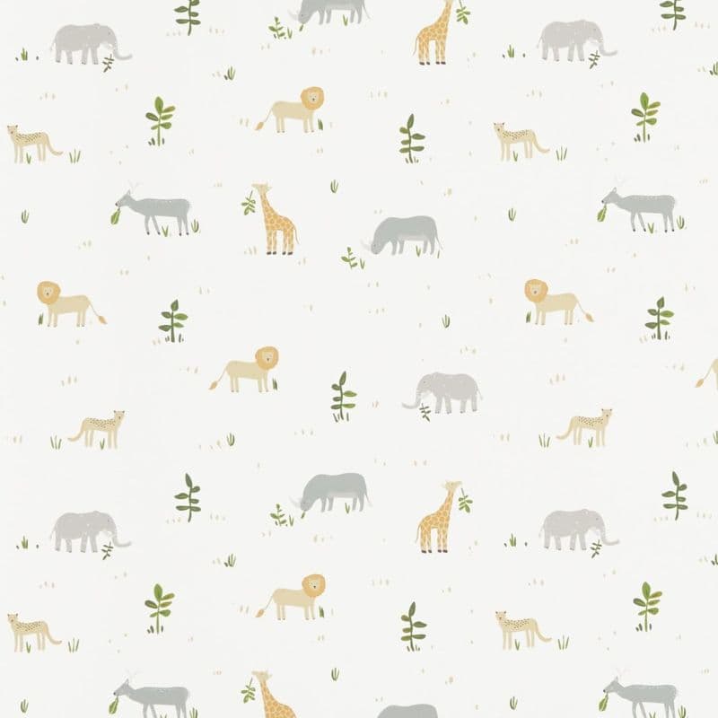 Wallpaper patterned with small stylized animals (lions, giraffes, elephants, rhinos, cheetahs, antelopes) — animals stand or graze across the surface — soft white background with muted pastel plants.