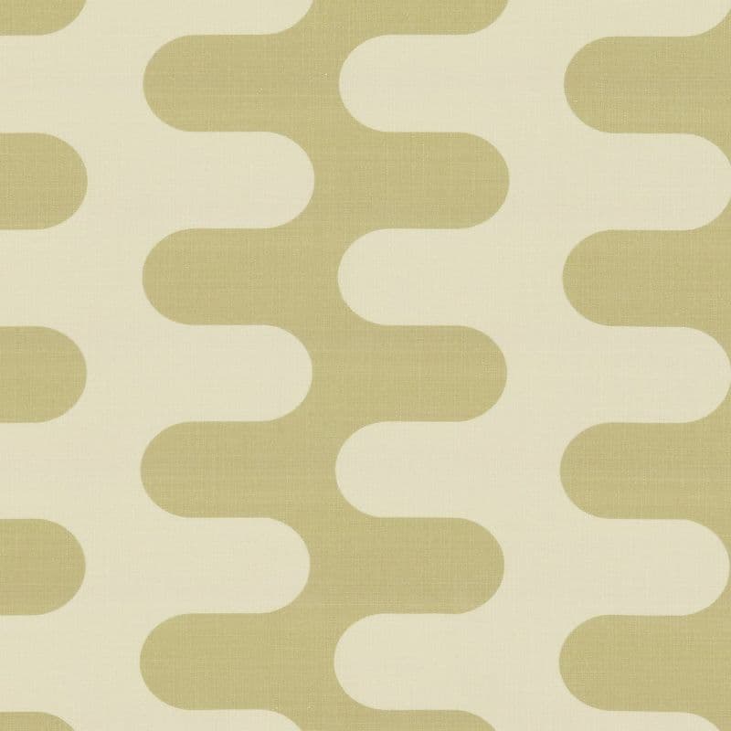 Patterned wallpaper with alternating cream and muted olive rounded wave bands, forming a repeating undulating motif; covering a flat surface in even, neutral lighting, shown as a seamless close-up.
